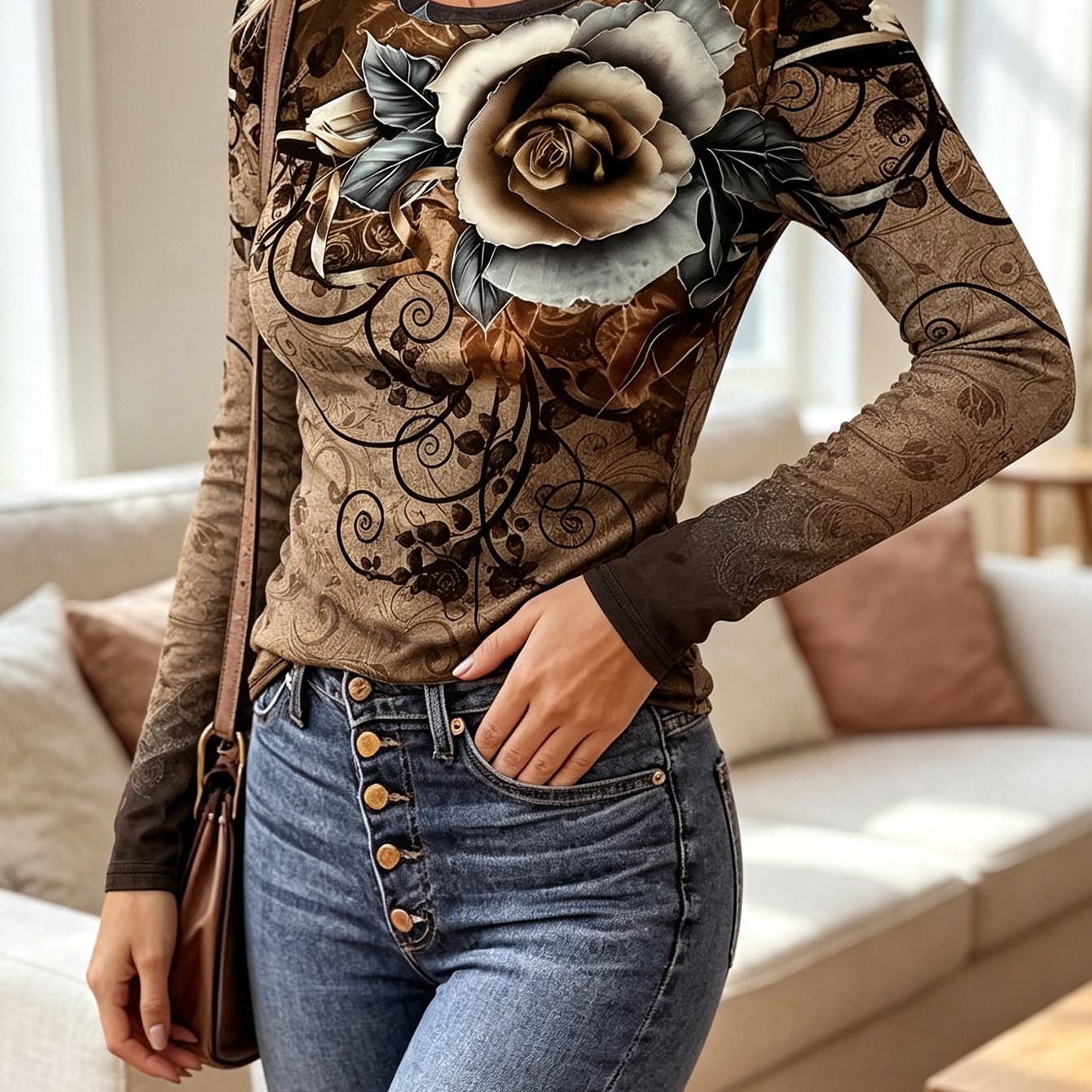 TEMU Autumn New Ladies Elegant Round Neck Slim Long-sleeved T-shirt, Retro Gradient Three-dimensional Large Rose Vine Curly Grass Full Print Casual