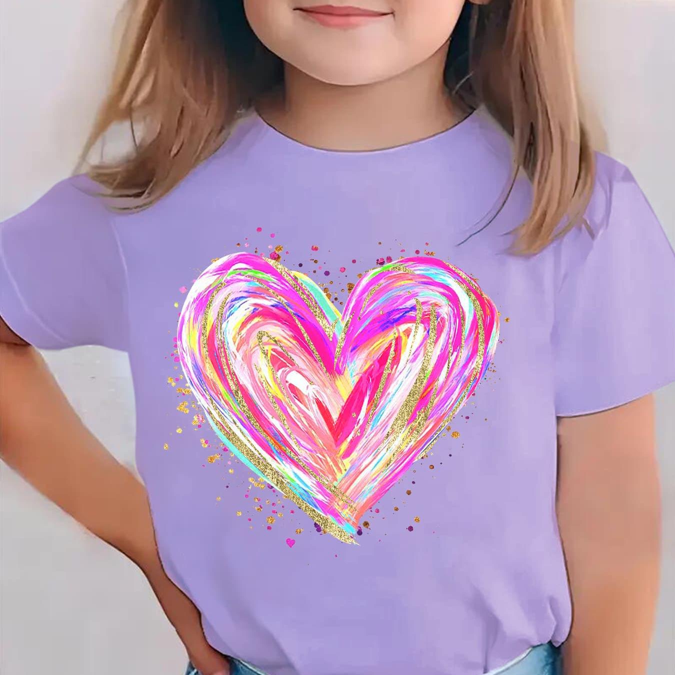 E-shop Valentinstag Sommermode Mädchen Kurzarm T-Shirt Bunte Herz Cartoon Muster Druck Lässiges Vielseitiges Top NY-DX7507