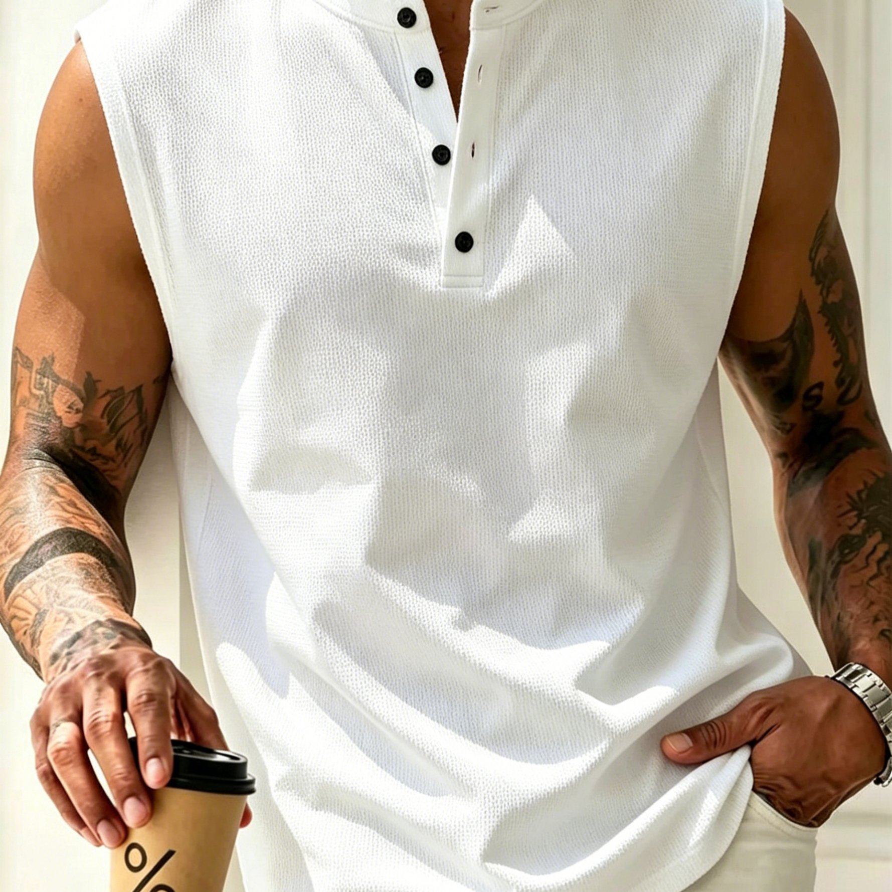 TEMU Summer Men's Sleeveless T-shirt, European And American Men's Business Casual Top, Men's Casual Sports T-shirt, Lightweight Breathable Waffle
