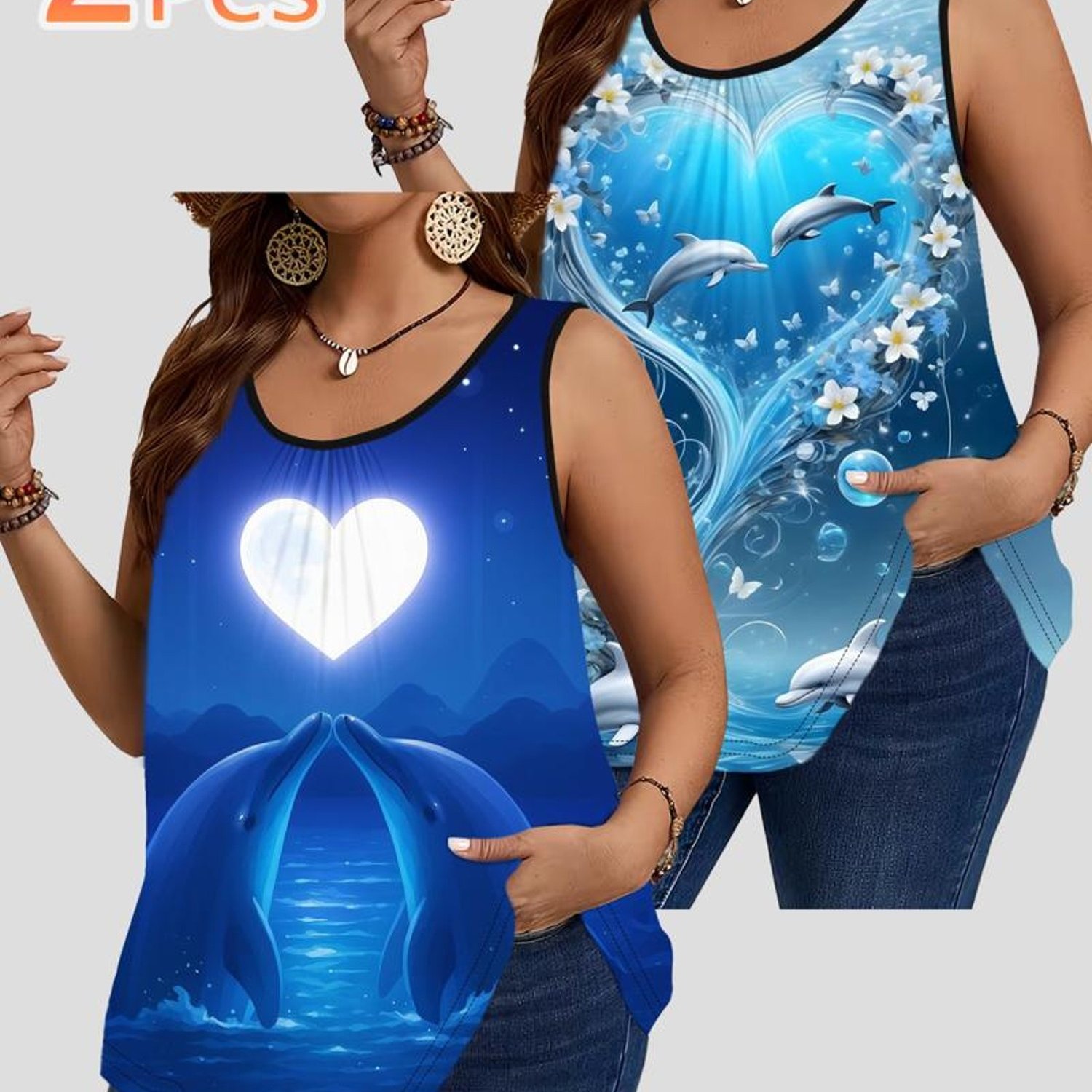TEMU Plus Size - 2pcss Women's Plus Size Tank Tops, Dolphin And Heart Print, Fabric, Multiple Sizes , Mixed Colors, Casual Daily Wear, Fashion
