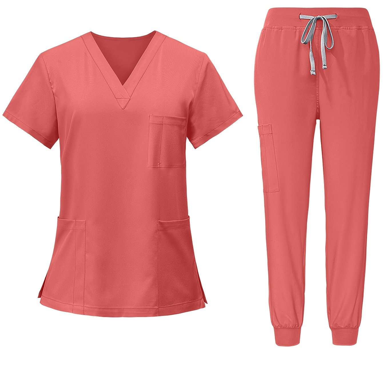 TEMU [ships From The United States] 2pcs Set Scrub Suit Set For Women Modern V-neck Top T-shirt & Tapered Leg Jogger Pants With Drawstring Nursing