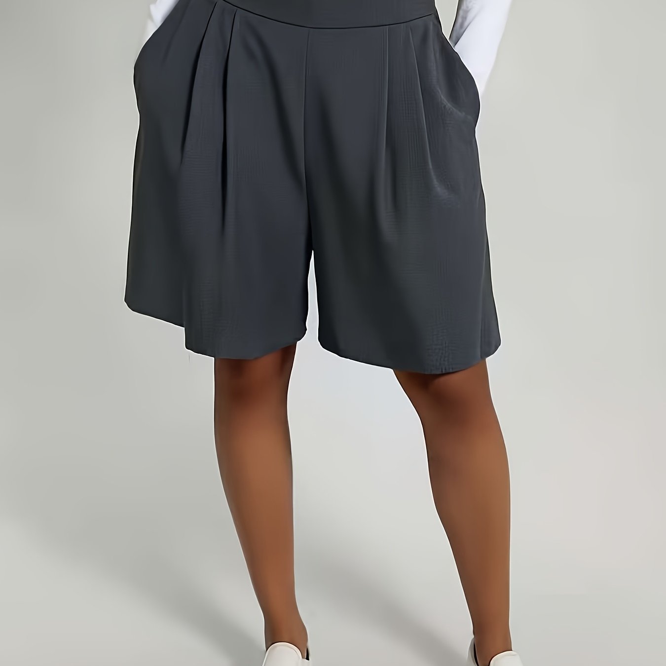 TEMU Women's Summer Casual Shorts, Ladies' Elegant Wide-leg Shorts, Solid Color Loose High-waist Shorts With Pockets, Elastic Waist Detail, Suitable