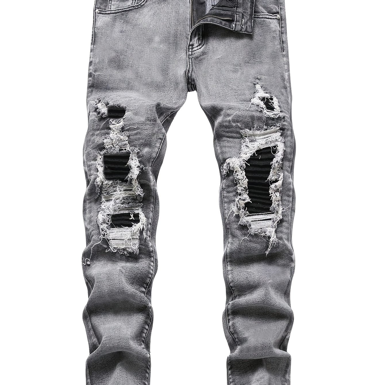 TEMU [hme] Fall Men's Jeans Vintage Snow-washed With Distressing And Patches, Mid-rise Stretch Slim Tapered Fit. -, Machine Washable Stretch Fabric.