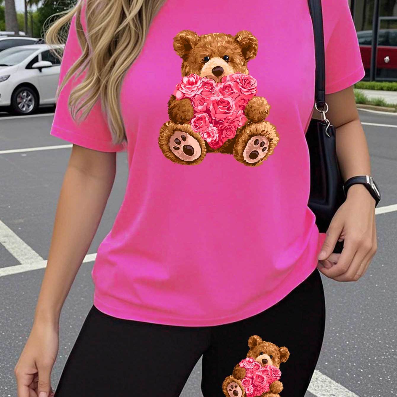 TEMU 2pcs Women's Y2k Matching Set - Bear Print T-shirt & High-waisted Shorts With Elastic Waist, Print Gym & Casual Outfit, Short Sleeve Yoga