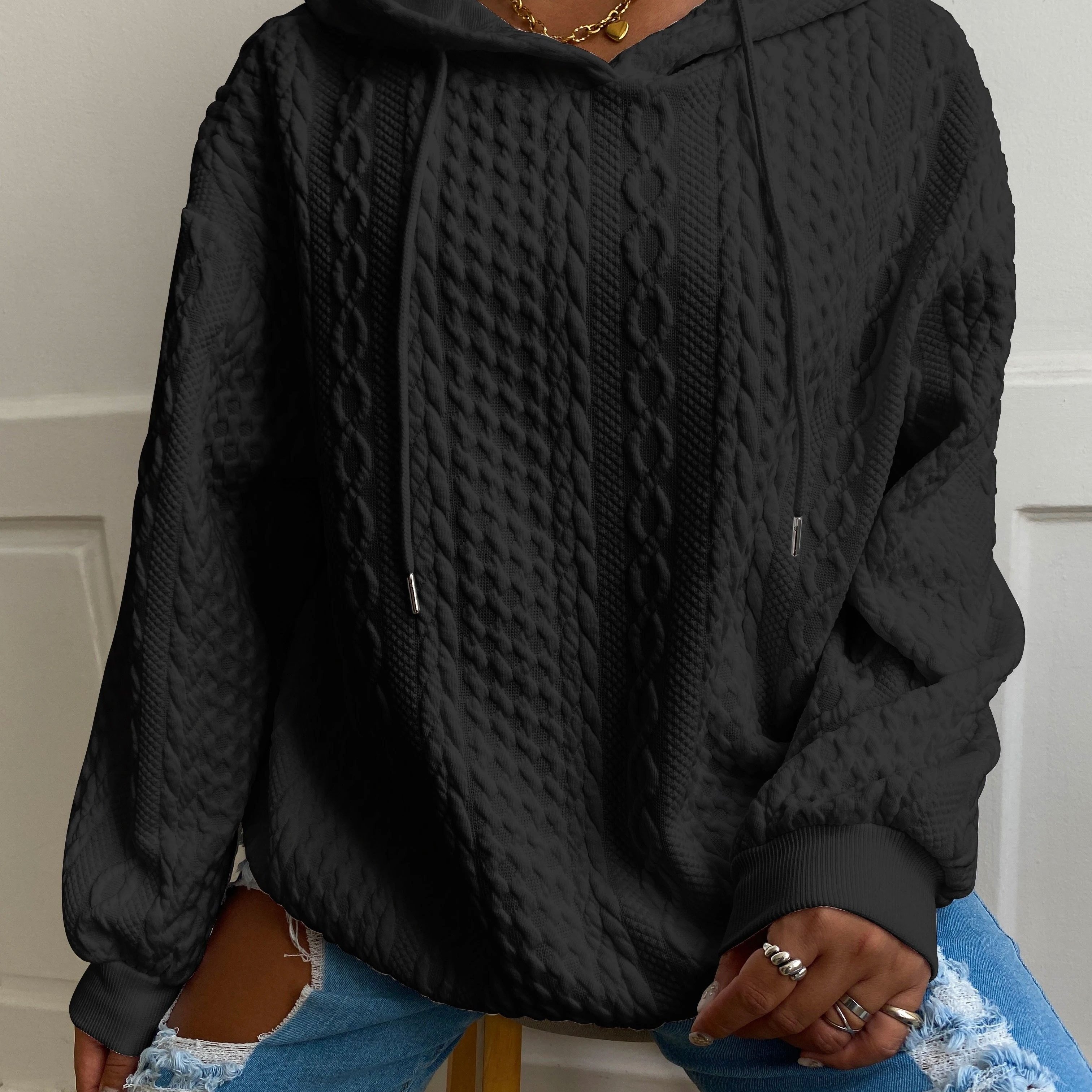 Plus Size Home Rope Hoodie, Casual Long Sleeve Versatile Sweatshirt, Women's Top Fashion Elegant