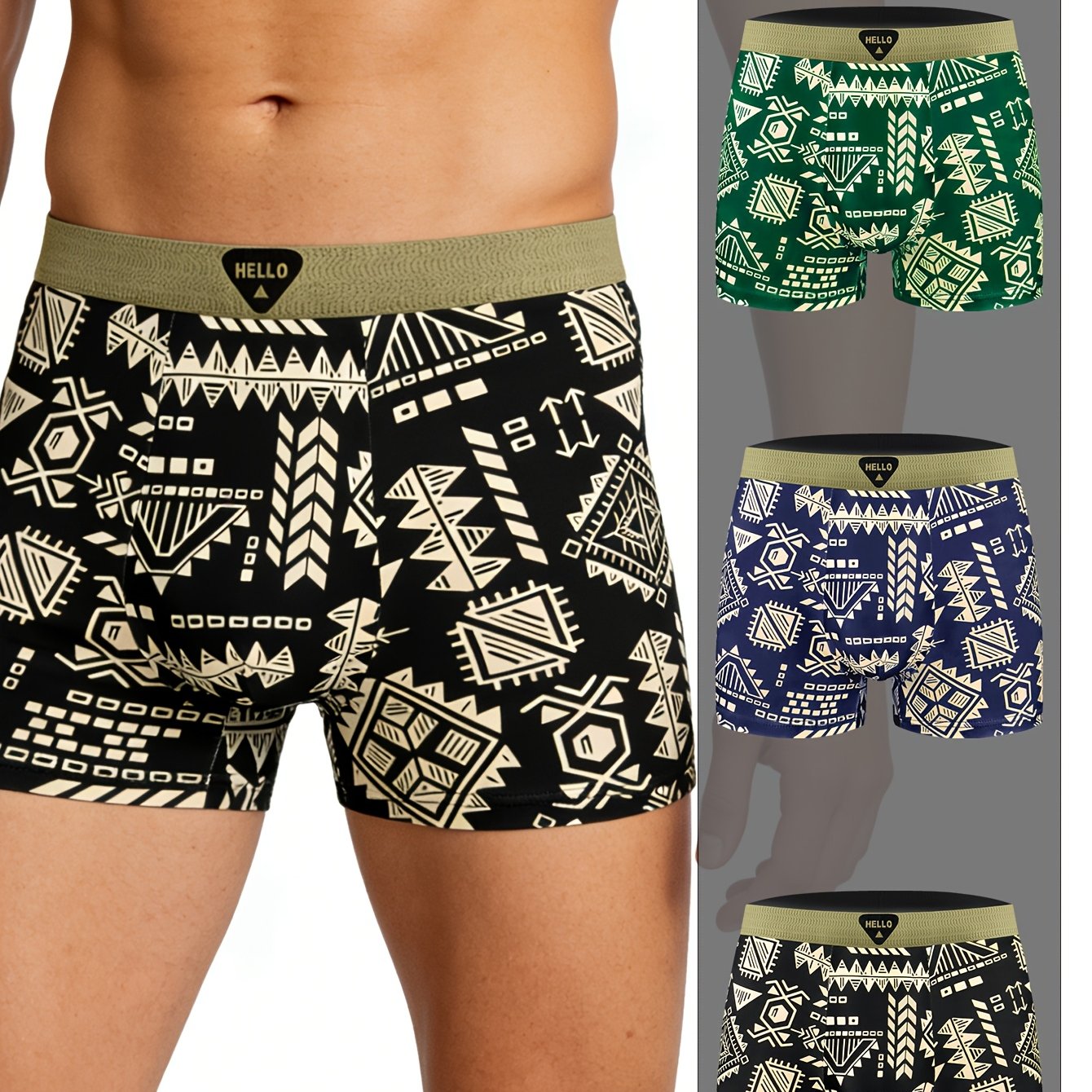 TEMU 3pcs 'hello' Printsmen's Boxer Briefs, With High Stretch.quick-drying And Lightweight Sports Underwear, Suitablefor Summer Wear, -breathable's