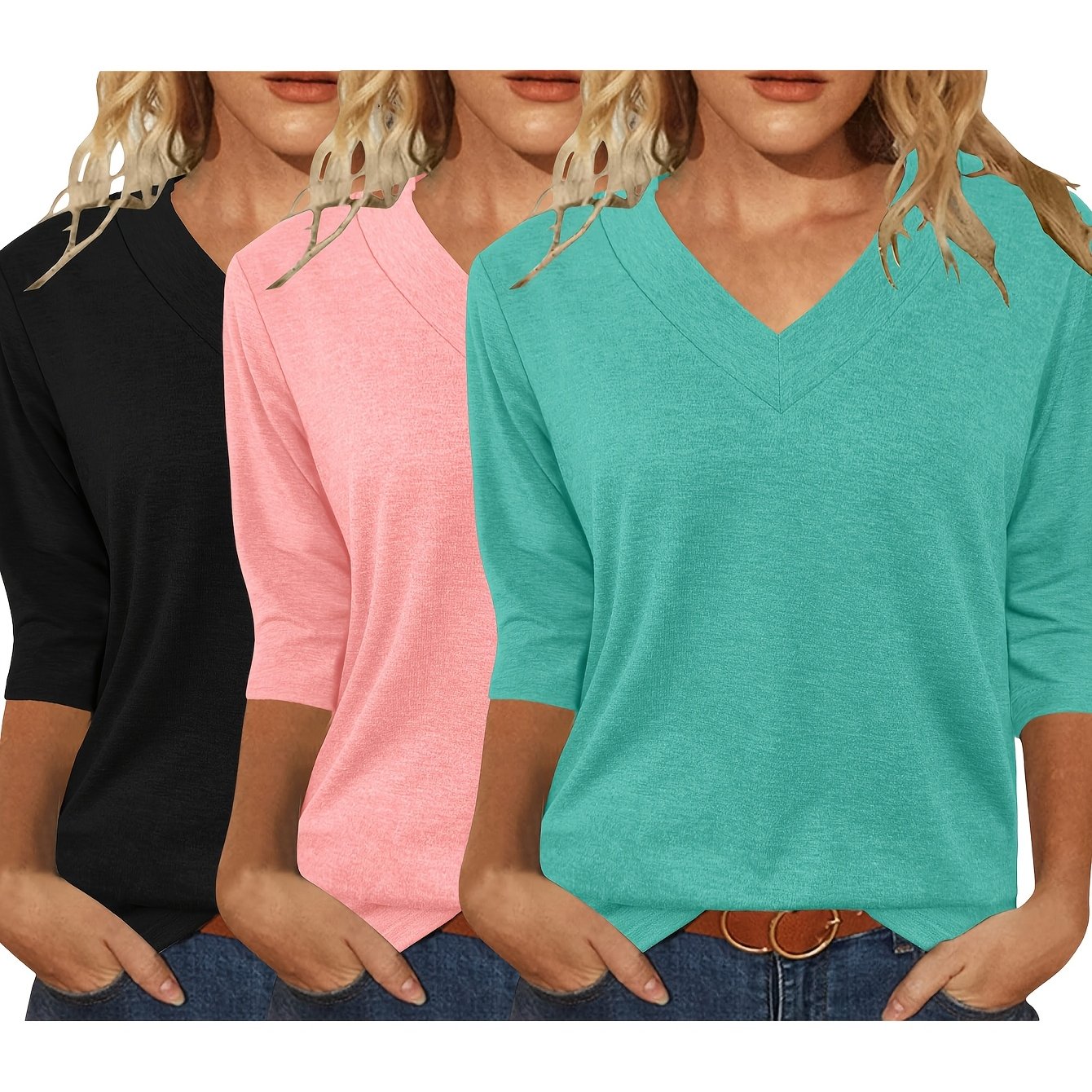 E-shop Dreiteiliges Damen 3/4-Arm-Oberteil-Set, Modisches Casual-Hemd, Bequemes Atmungsaktives V-Ausschnitt 3/4-Arm-T-Shirt
