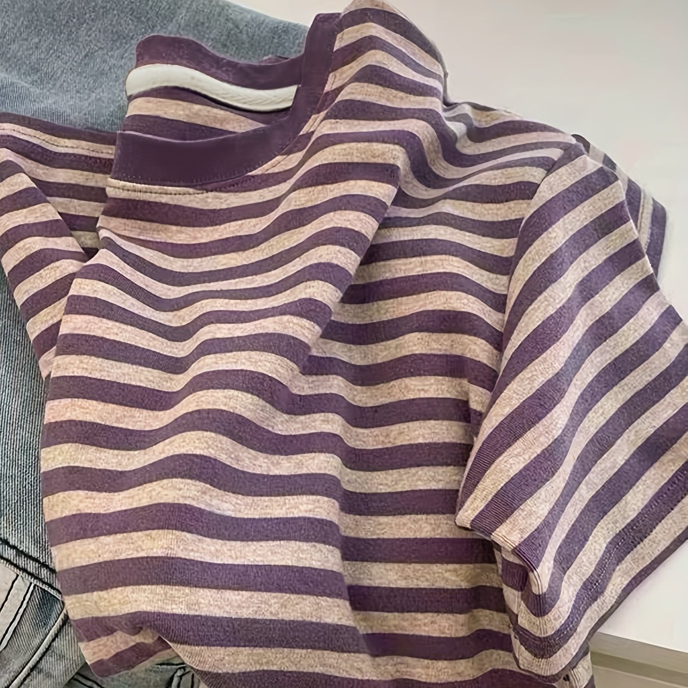 Image of Asian Size 6024 - Purple Striped Short Sleeve T-shirt For Women, Summer Collection