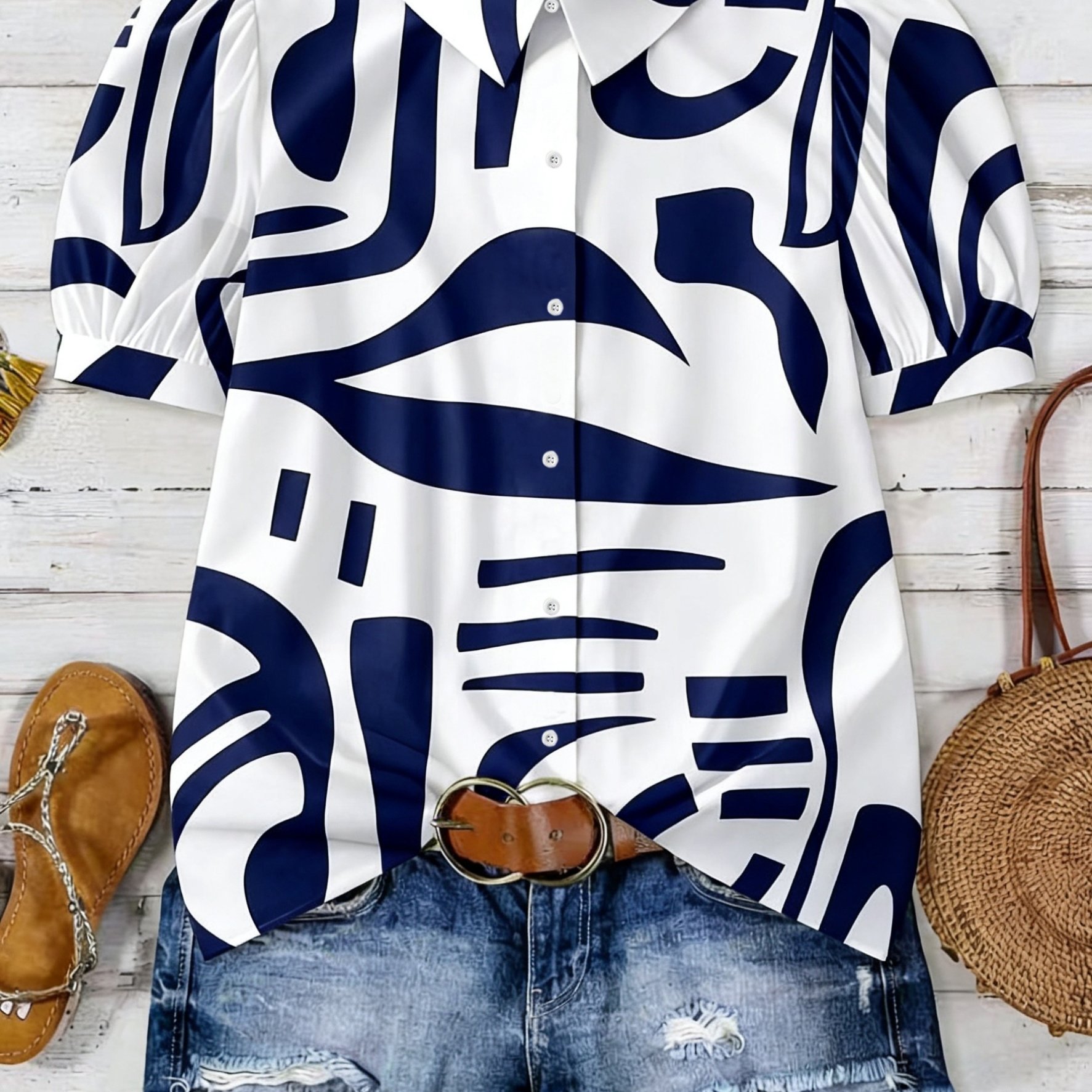 E-shop Frühling Sommer 2026 Damen Elegantes Mode Polohemd Puffärmel Kurzarm Shirt Top mit Aufdruck