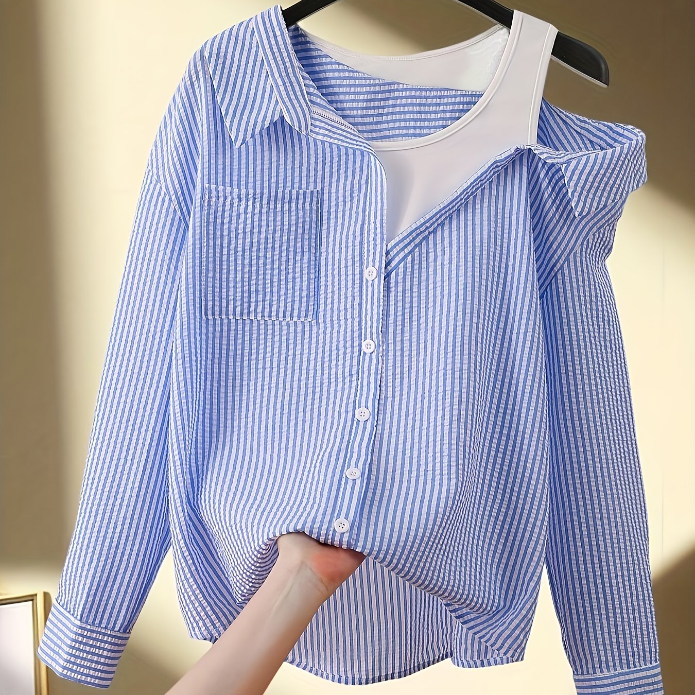E-shop Franklia Fashion Damen-Langarmshirt für den , lässig, gestreift, mit überschnittenen Schultern, Patchwork, kurzärmelig, mit strukturiertem