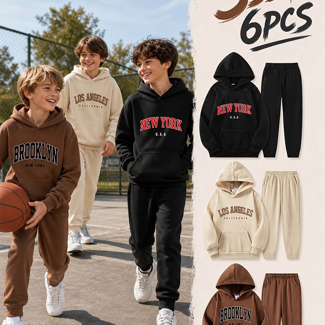 Image of 6pcs Fashion Letter Print Boys' Hoodie And Sweatpants Set, Autumn/winter Casual Comfortable Hooded Sweatshirt + Joggers, As A Gift, Perfect For Outdoor