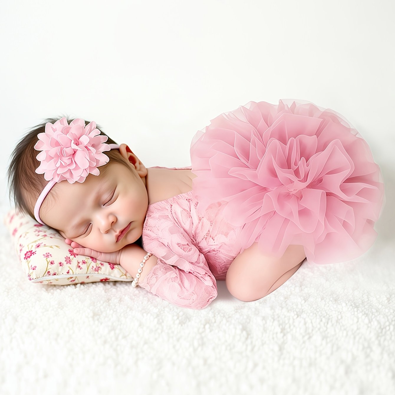 Image of 2pcs Newborn Baby's Puffy Mesh Lace Triangle Romper With Flower Head, Baby's Knitted Long-sleeved Set, Newborn Photography Clothes, Perfect For Outdoor,christmas,halloween