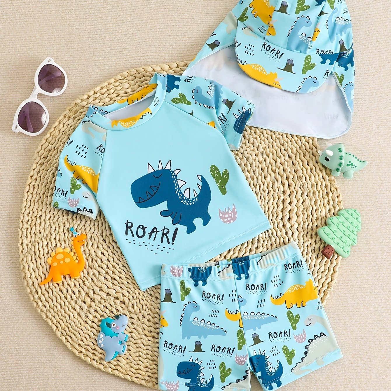 Image of Cartoon Dinosaur Kids' Swimwear Set, Light Blue Printed Short Sleeve Shorts + Swim Cap, 3pcs Set For Boys' Pool And Water Play