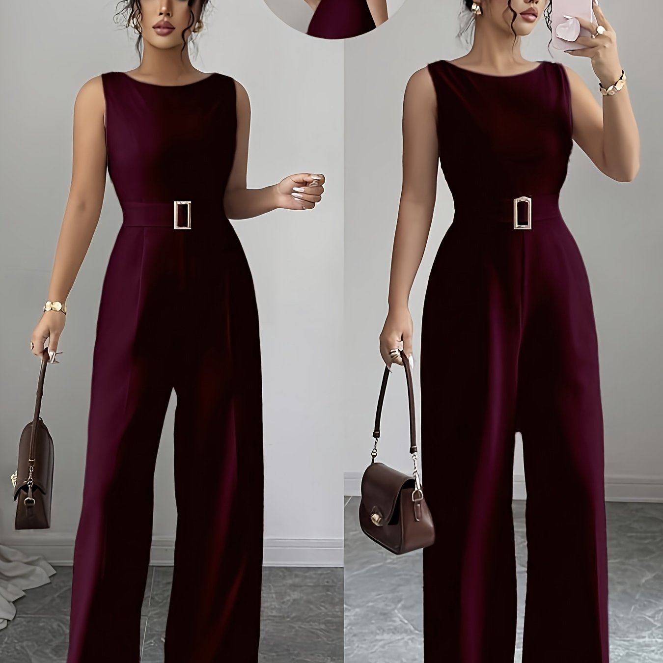 TEMU Round Neck Sleeveless Waist Metal Decoration Wide Leg Jumpsuit