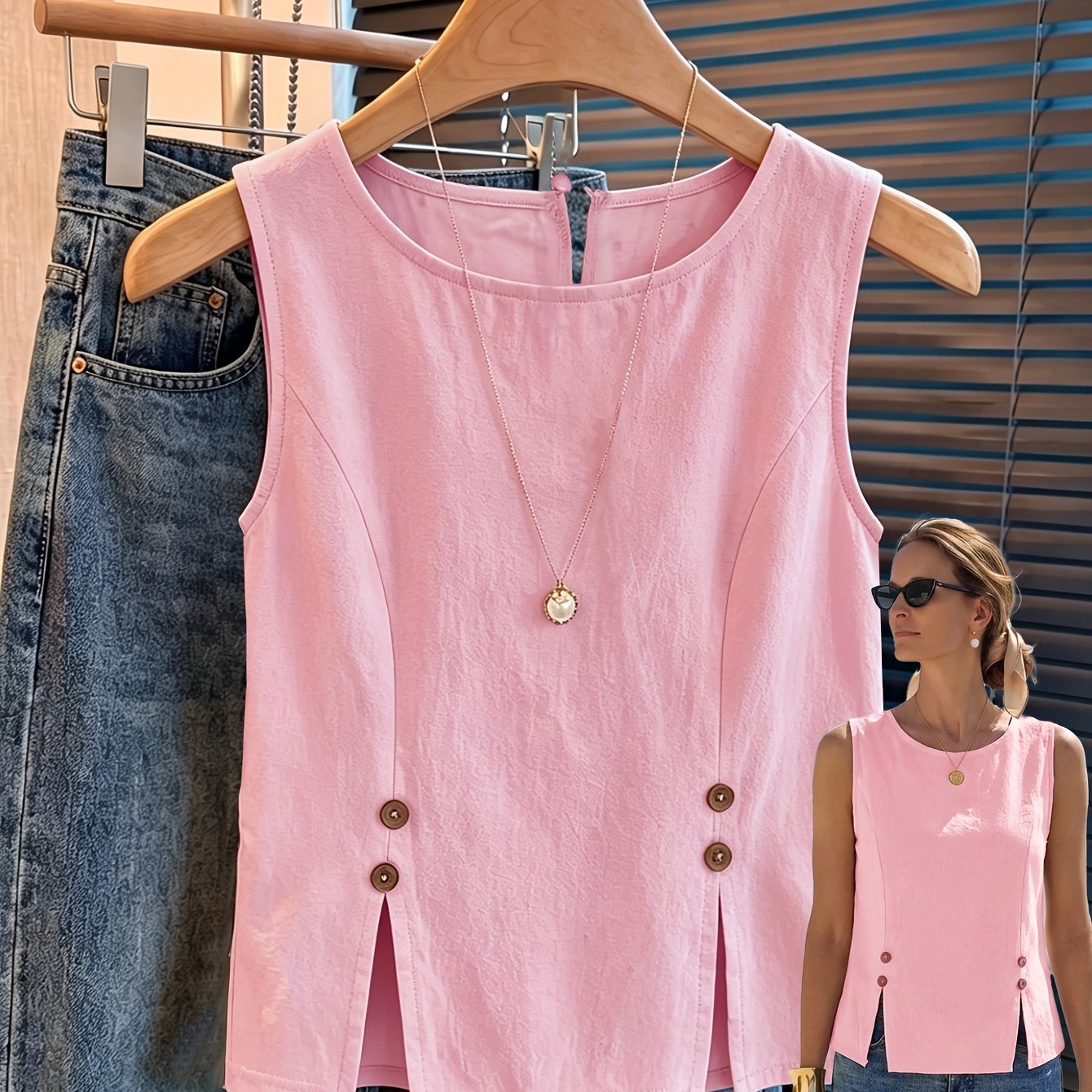 TEMU Elegant Fashion Solid Color Round Neck Split Sleeveless Top