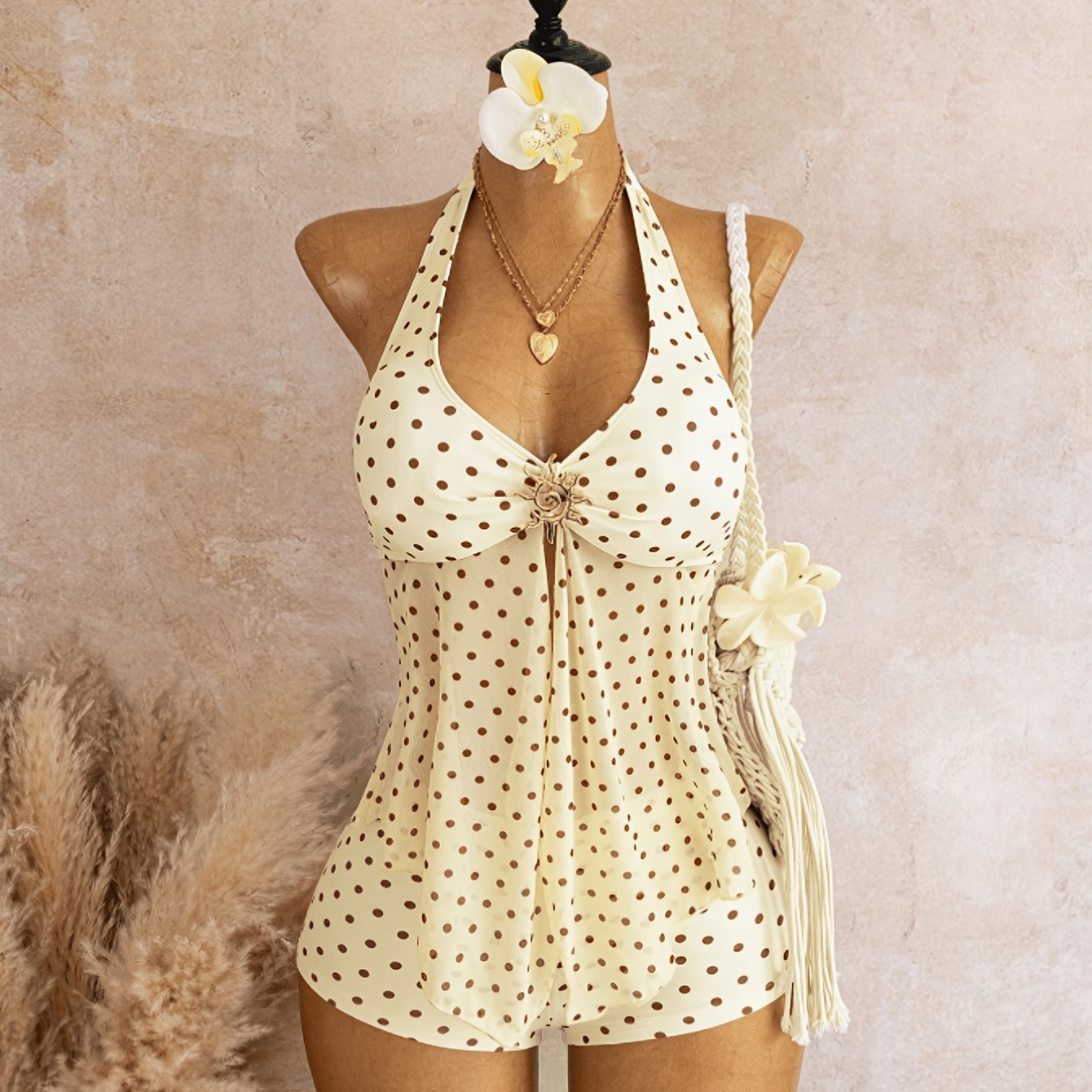TEMU Polka Dot Mesh Halter Neck Cami Sleepwear For Women, Summer Sexy V-neck Irregular Hem Shorts 2pcs Loungewear Set