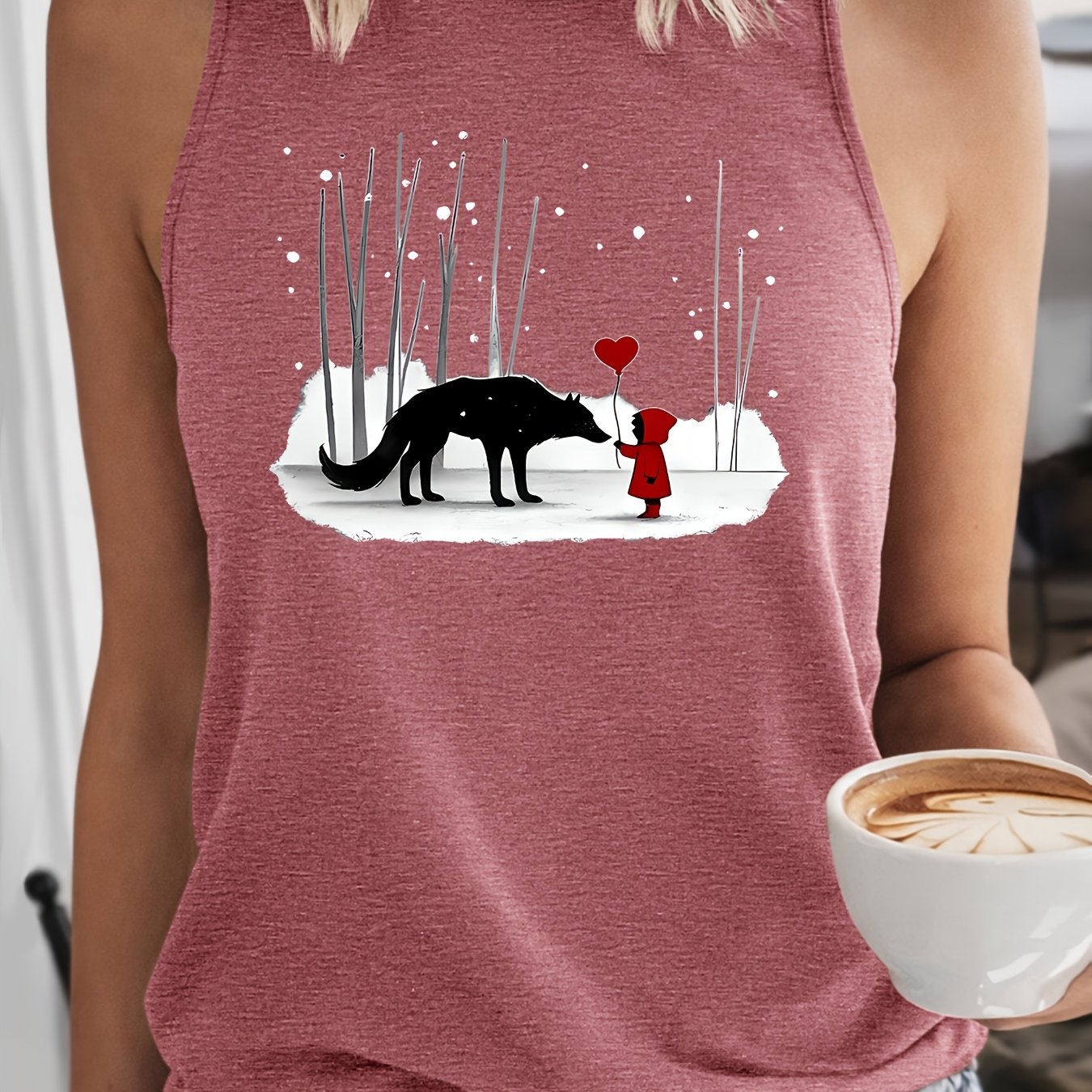 TEMU Snowy & Wolf Graphic Print Tank Top | Winter Tale Style Sleeveless Top | Fresh T-shirt | 2026 Summer New Clothing