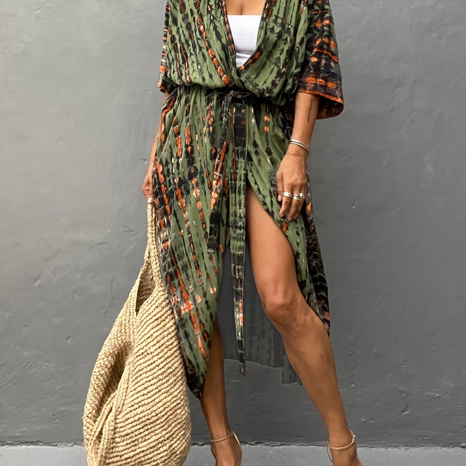 Image of Bohemian Women's Beachwear Striped Print Beach Cardigan Shawl