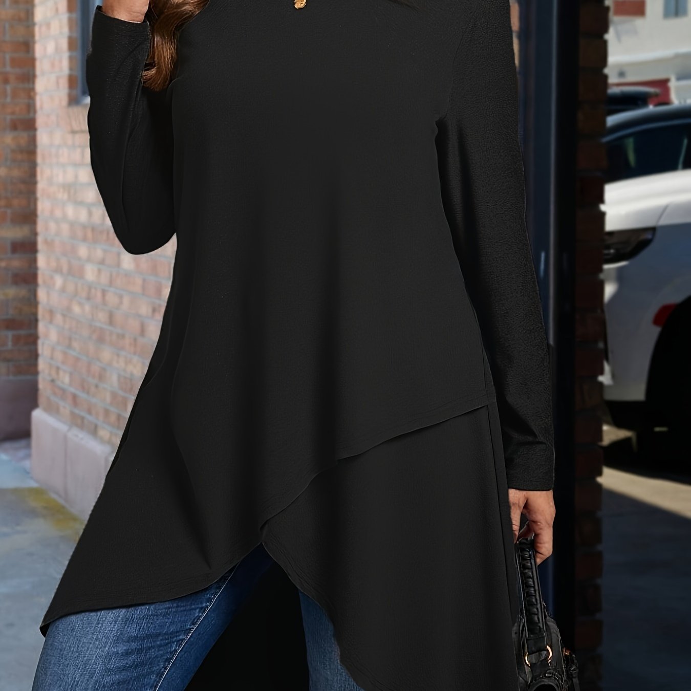 TEMU Plus Size Women's Elegant Asymmetrical Hem Long Sleeve T-shirt - Soft Round Neck Casual Top, Solid Color Machine Washable Fit, Versatile