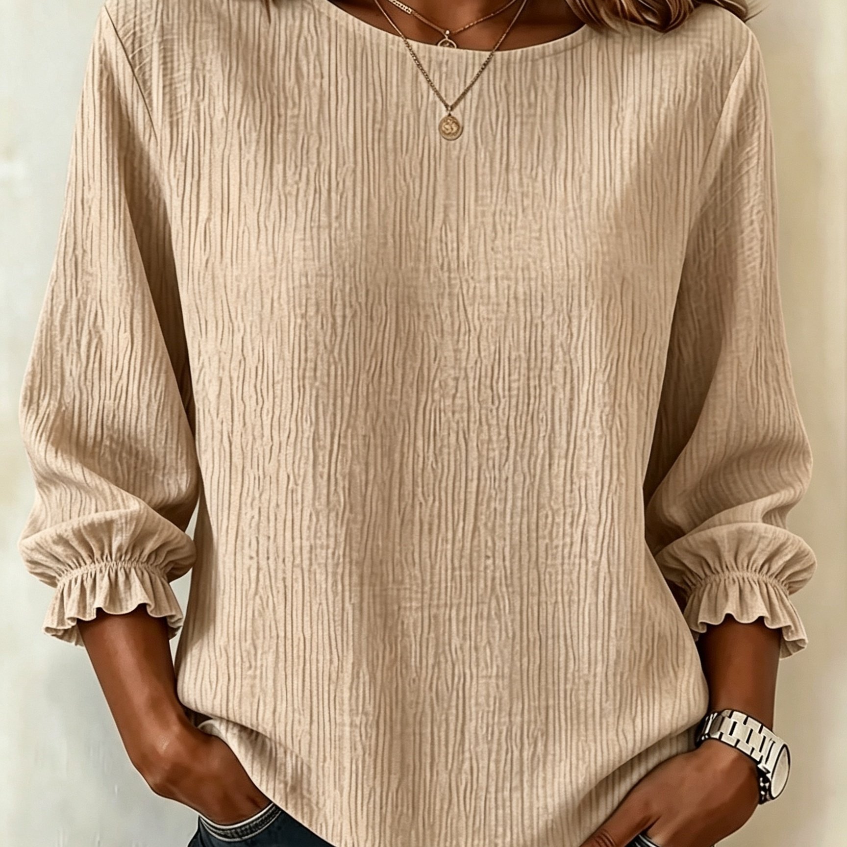 TEMU Women' Texture Blouse, Round Neck Three-quarter Puff Sleeve Cuffs Top, Loose Elegant Fashionable Casual Commuter Women's Clothing