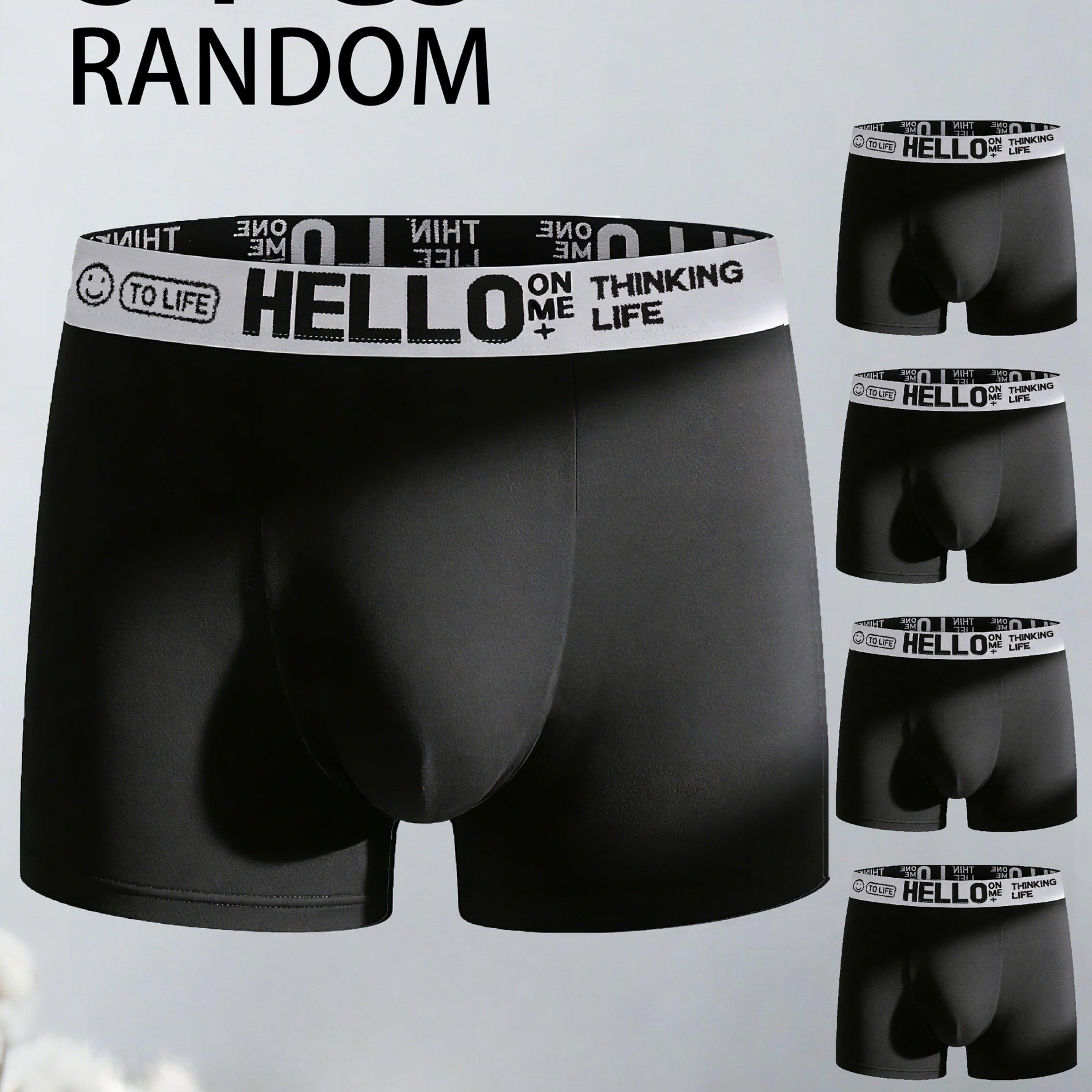 TEMU Random 5-pc Winter Sports Men&;s Boxer Briefs, "hello" Letter Print, Soft, Breathable, And Comfortable Underwear, Suitable For Sports, Running,