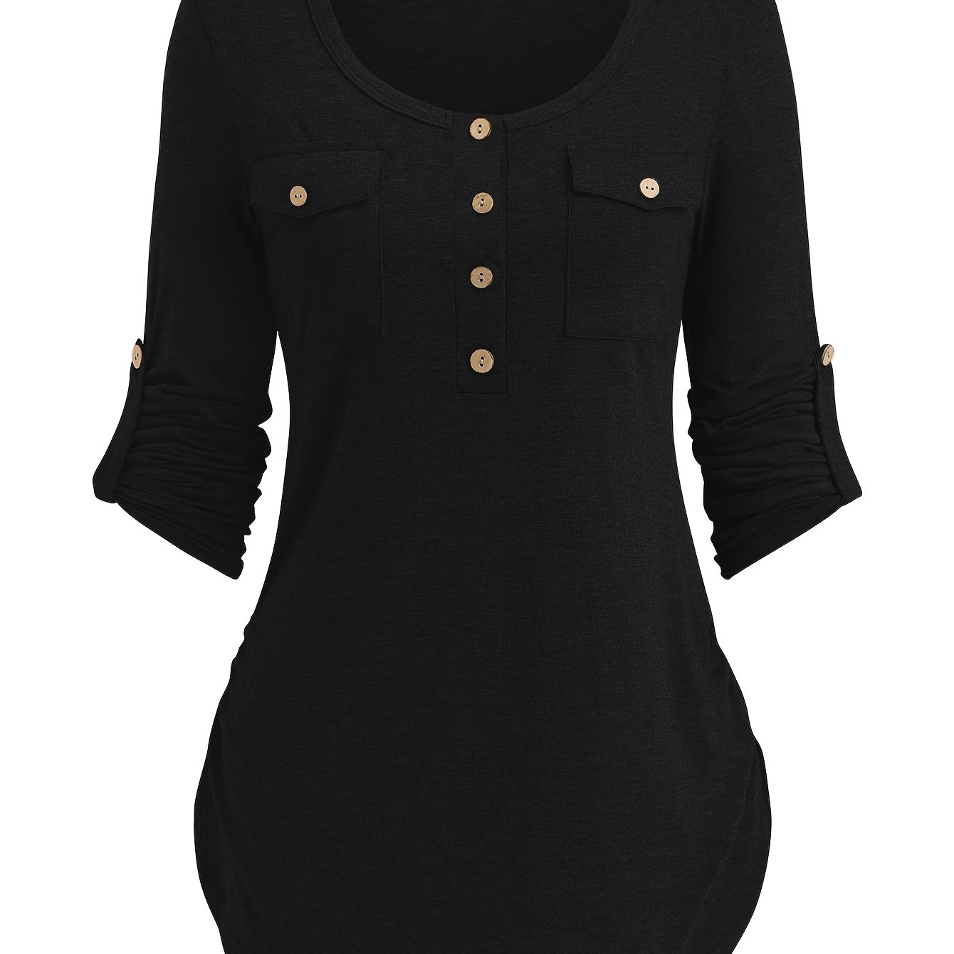 E-shop Damen Frühjahr/Herbst Uni-Farben Rundhals Langarm Knopf Casual Niedliches Pullover Shirt mit