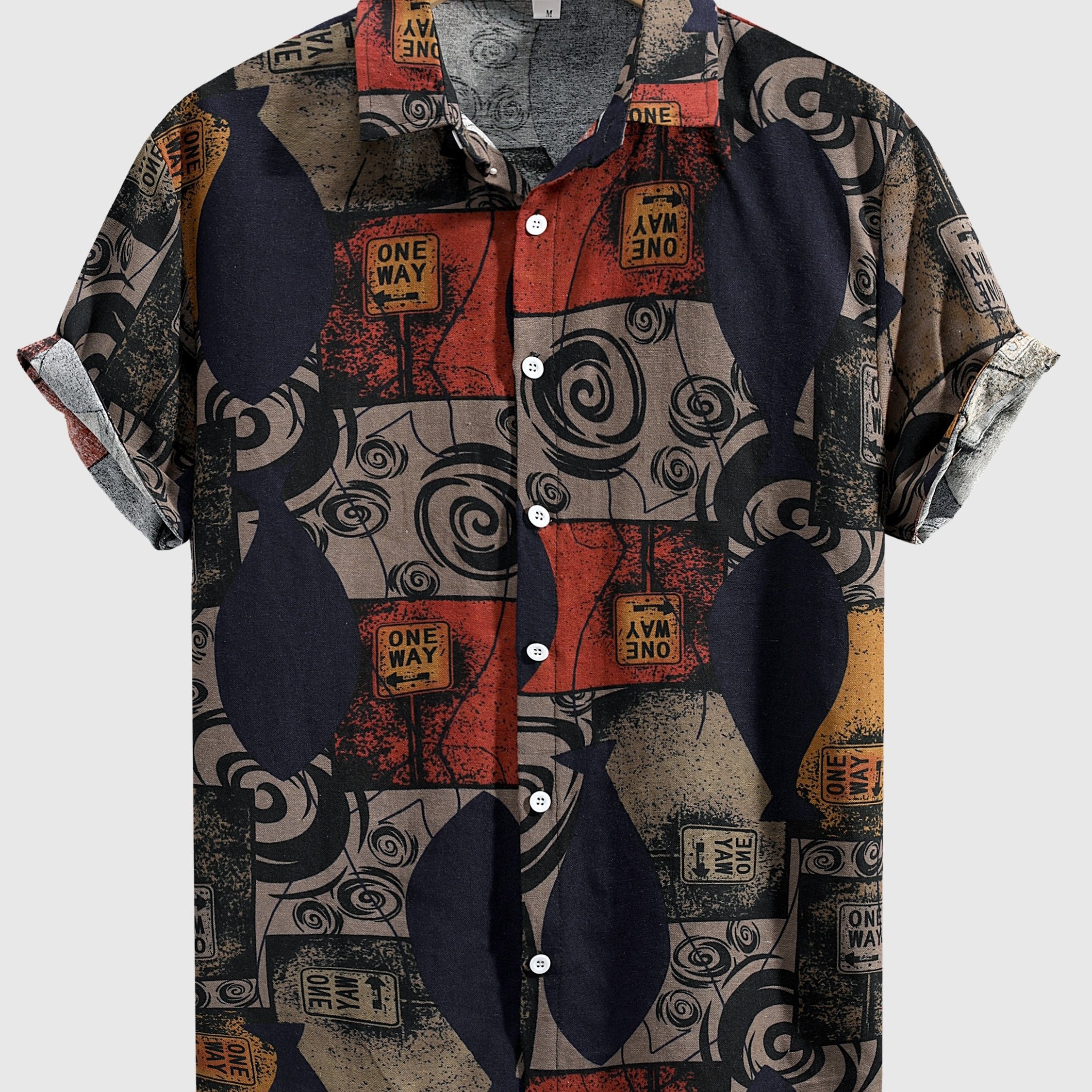 TEMU Men' Loose Cotton Blend Geometric Print Shirt, Casual Breathable Lapel Button Up Short Sleeve Shirt For Summer Outdoor Activities