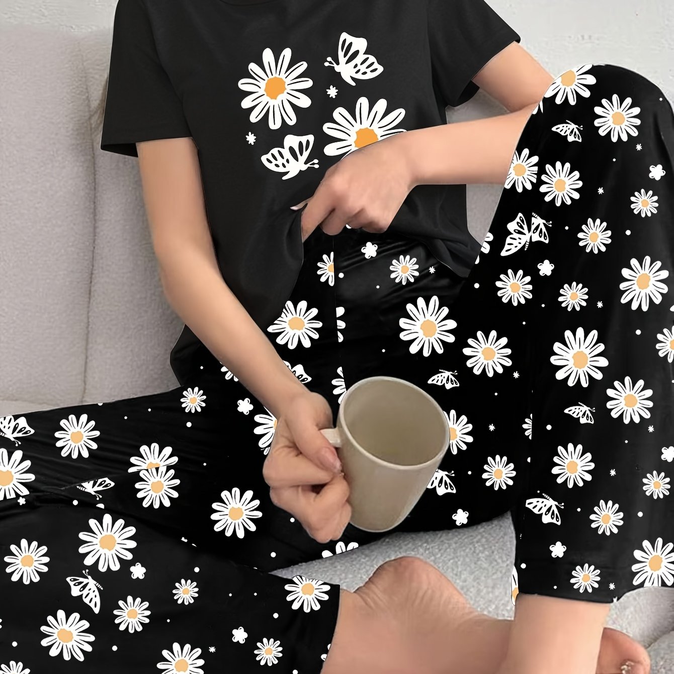 TEMU Cute Daisy Print Women's Sleepwear Set With Short Sleeved Top And Long Pants