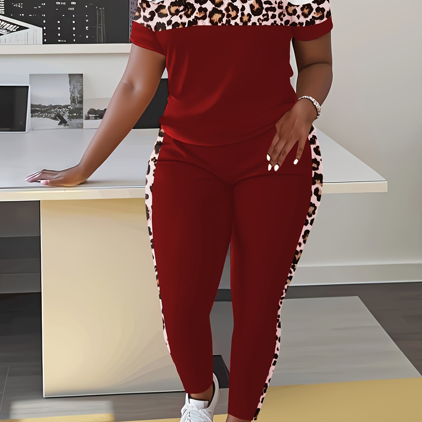 TEMU Leopard Print Splicing Spring Summer Casual Round Neck Short Sleeve Pants 2pcs Set