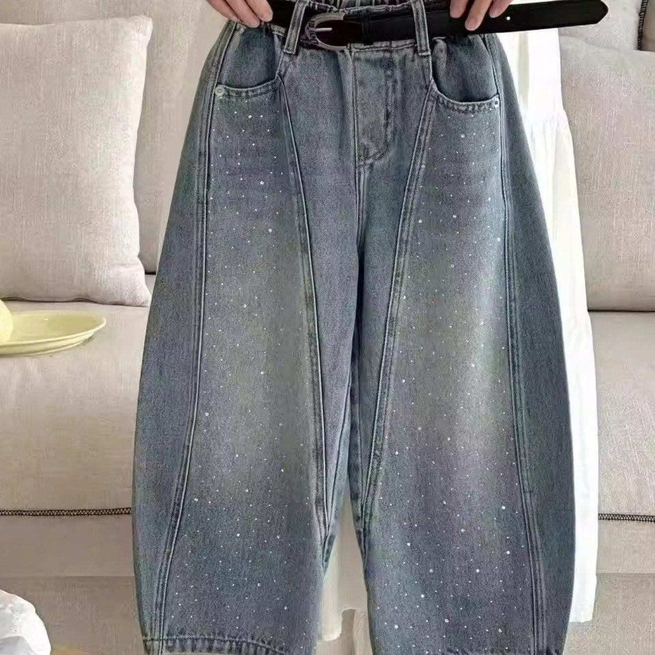 Image of Spring Autumn Girls Loose Rhinestone Jeans Trendy Casual Curved Leg Pants Perfect For Back To School And Festivals Ideal Gift For Kids Suitable For Occasions