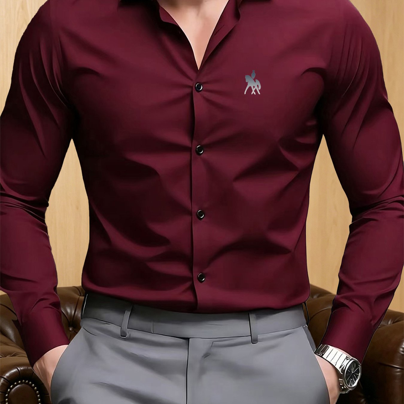 TEMU Lightly Formal , Urban , Men' Color Slim-fit Long-sleeve Shirt, Men's Lapel Collar Shirt, Business Casual With Multiple Color Options