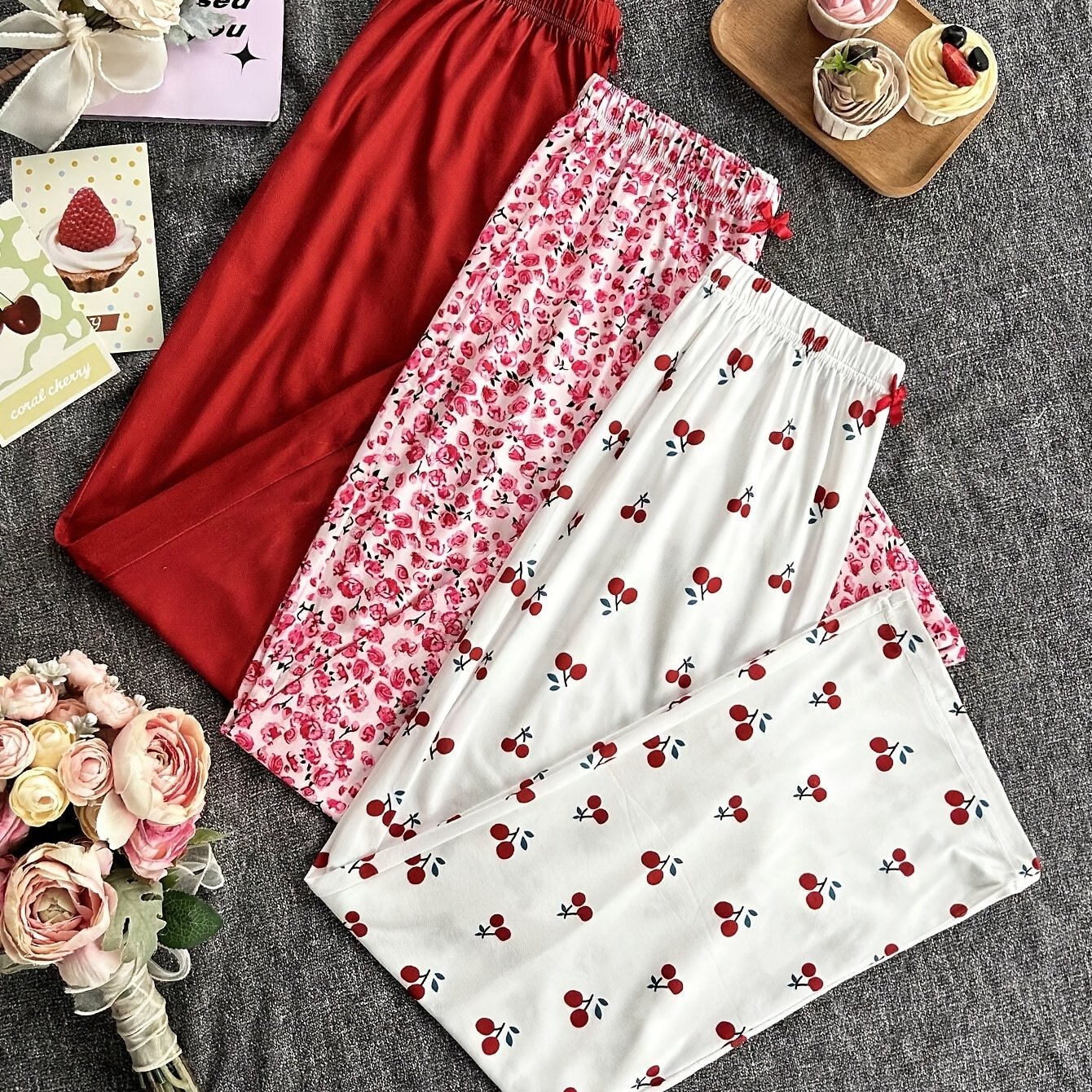 Solid/floral Print Mixed Long Pants With Bow Decor 3pcs Set Women's Pajamas