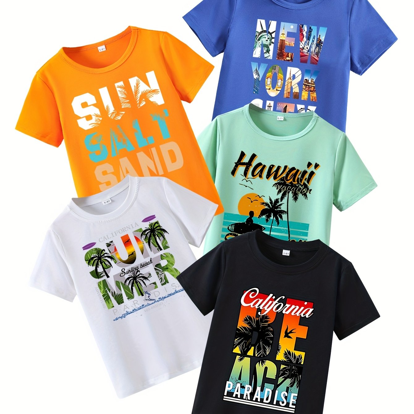 E-shop Fünfteiliges Set Jungen Sommer Kurzarm "New Sommer Küsten-Exklusiv Surfing" Print T-Shirts