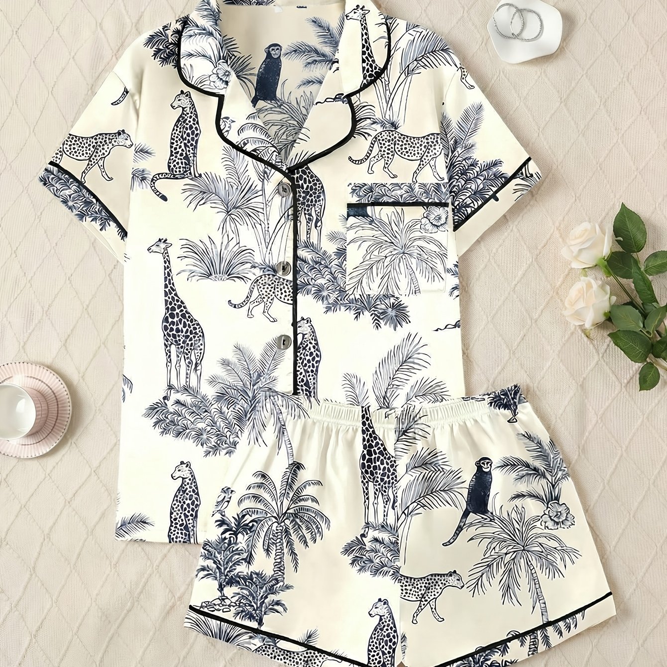 TEMU Casual Women's Homewear Set Featuring A Satin With Giraffe And Leopard Patterns, Short-sleeved And Short Pants, Perfect For Spring And Summer,