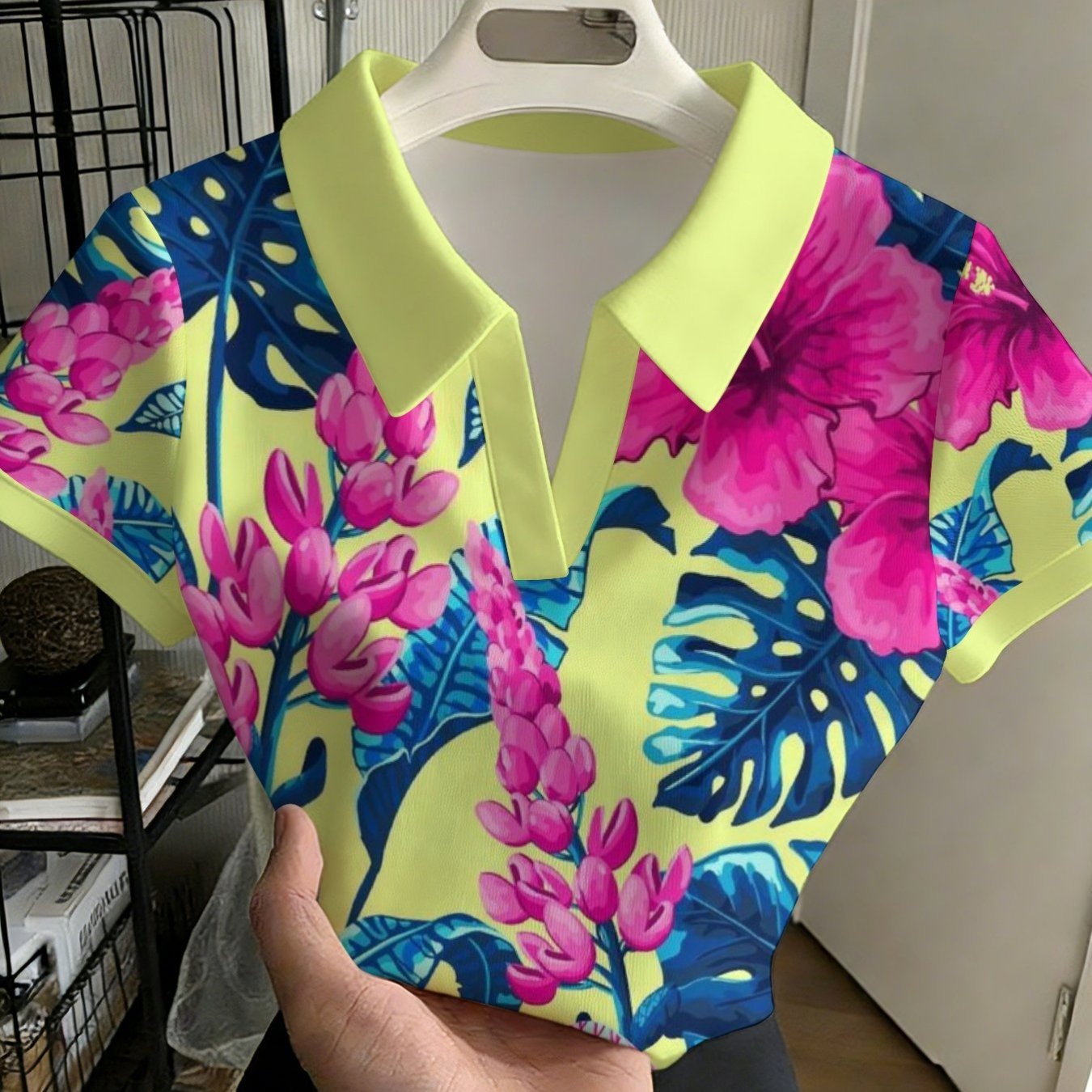 TEMU Women's Stylish And Versatile Buttonless Shirt, Creative Arts Hawaiian Hibiscus Motif Pattern Shoeblackplant Malvales Geraniums, Fashionable