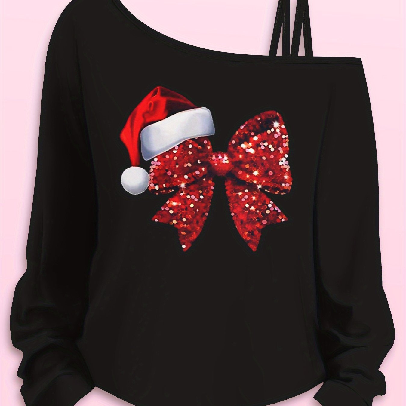 TEMU Beautiful Autumn/winter Christmas Apparel: Red Sequin Bow Pattern Christmas Hat, Stylish Women's Loose-fit Long-sleeve Camisole Top For Sporty,