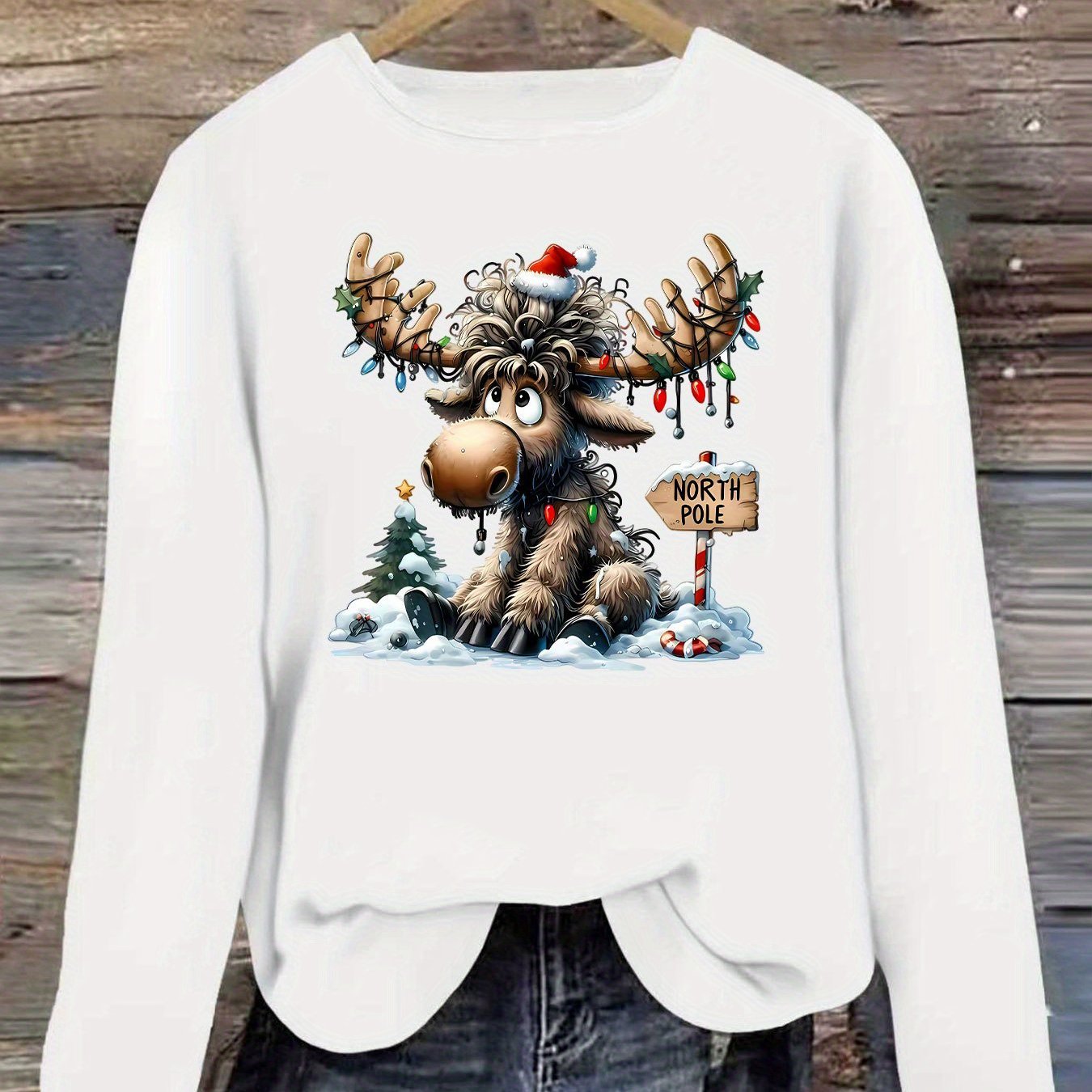 TEMU Plus Size - Plus Size - Christmas Reindeer Lights, Snowy Scenes, Arctic High Ladies' Fitted Casual Loose Cute Wide Gift, Soft, Machine Washable,