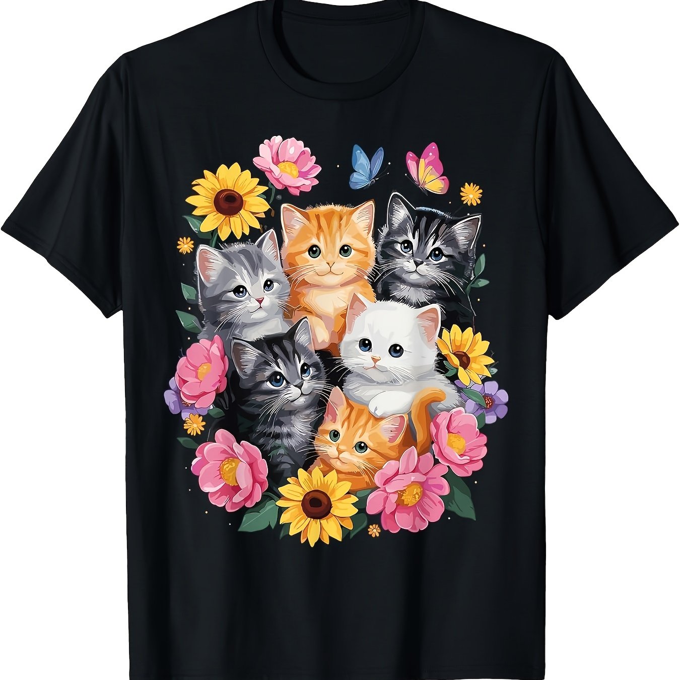 TEMU T-shirt Rétro à Imprimé Chaton pour Homme et Femme - Haut à Manches Courtes et Col Ras du Cou avec Graphique de Chat, Légèrement Extensible,