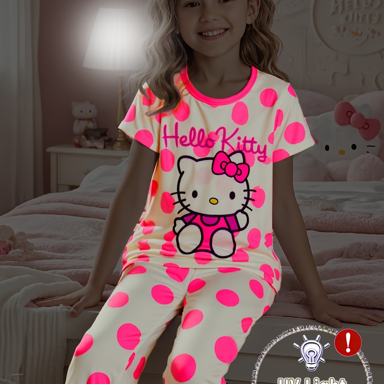Hello Kitty (fluorescent Effect Under Light, Flame-retardant Girls' Short-sleeve Pajamas + Bow-print Long Pants Loungewear 2pcs Set)
