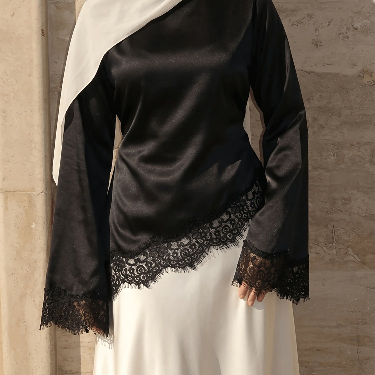 Image of Women's Elegant Satin Blouse, Lace Round Neck Long Sleeve Belt Top, Solid Fabric Lace , Asymmetrical/asymmetrical Elegant Office Daily