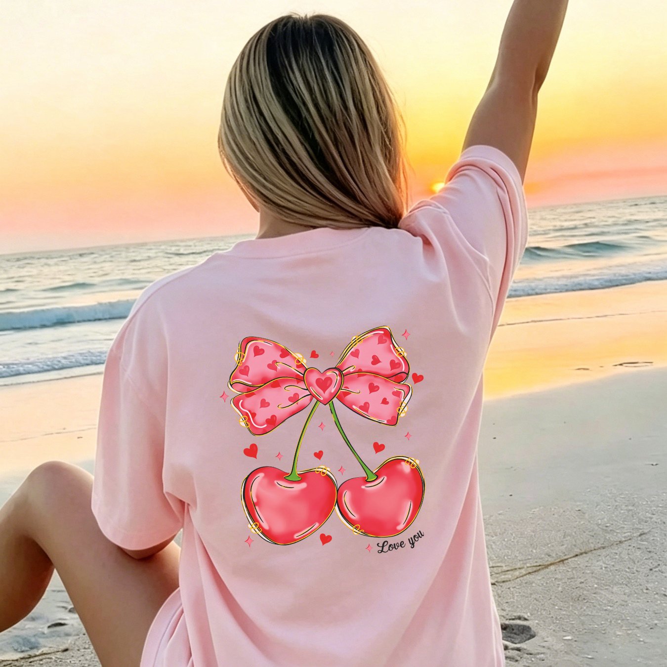 Image of Cherry Bow Print Women's Loose Fit T-shirt - Lightweight And Breathable Casual Beach Wear