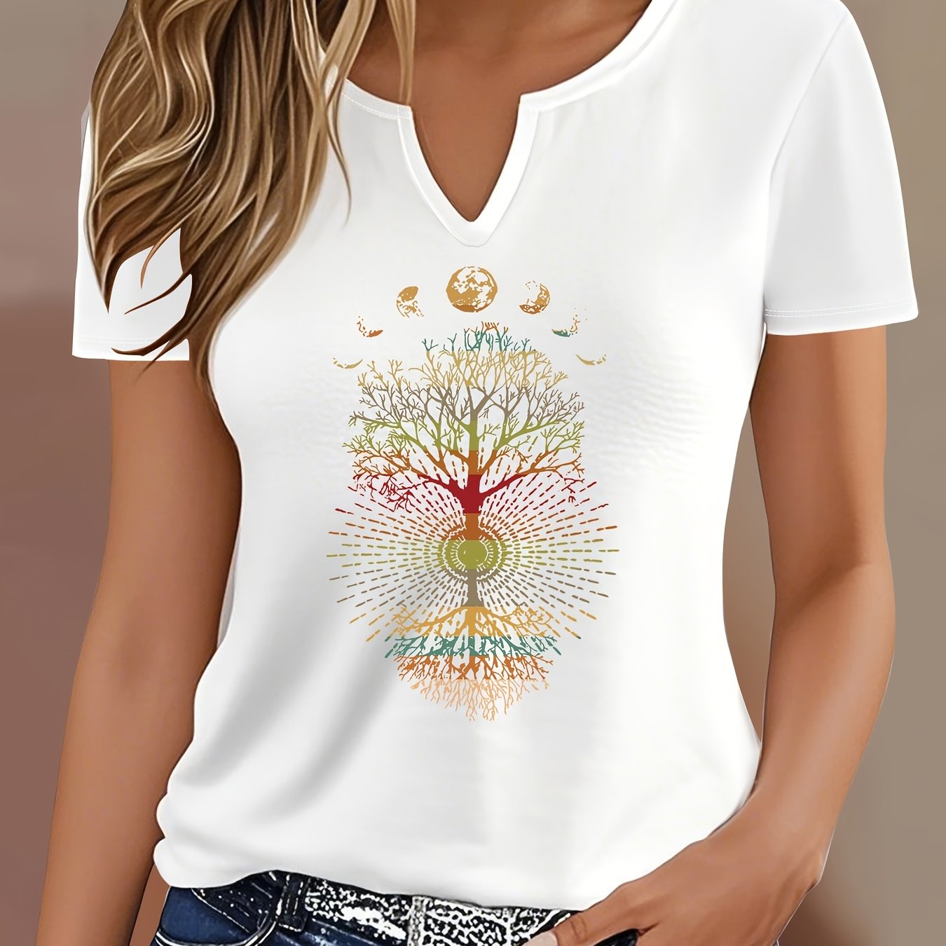 TEMU T-shirt con stampa di lettere, top casual a maniche corte con scollo a V per estate e , abbigliamento da donna