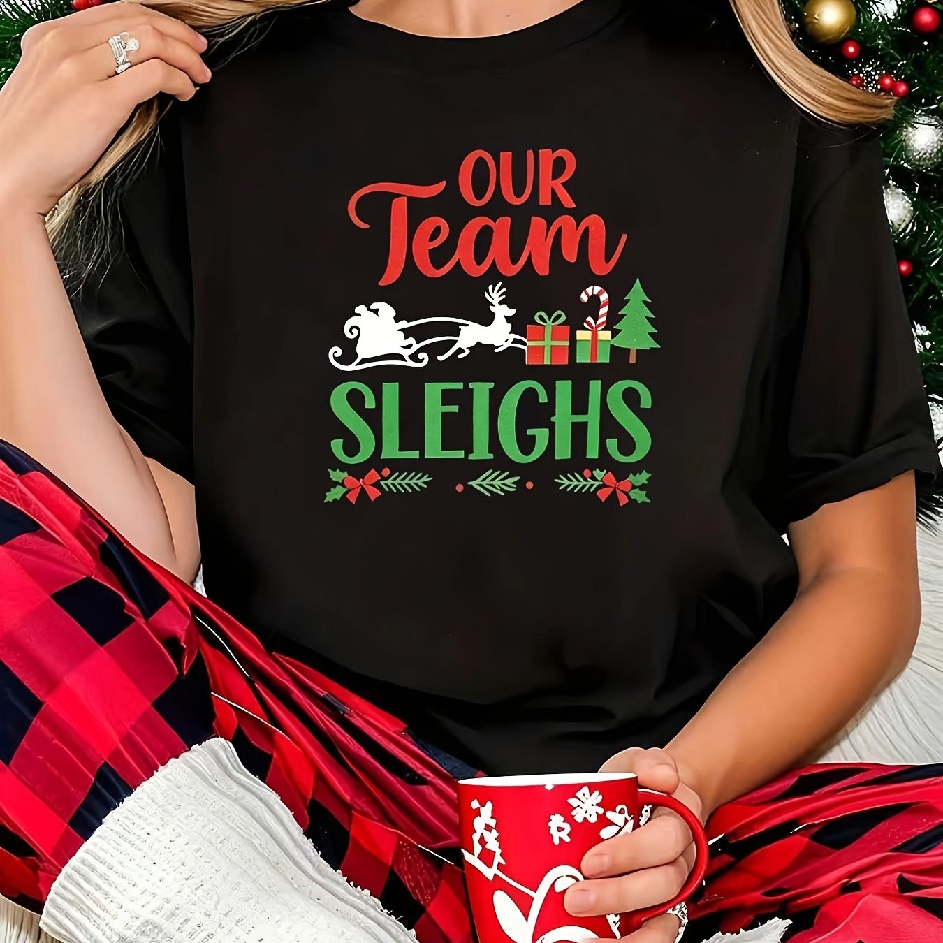 TEMU Plus Size T-shirt, Women's Black Round Neck Short Sleeve T-shirt, Printed Sleighs Red Green Artistic English Reindeer Sleigh Silhouette Pattern,