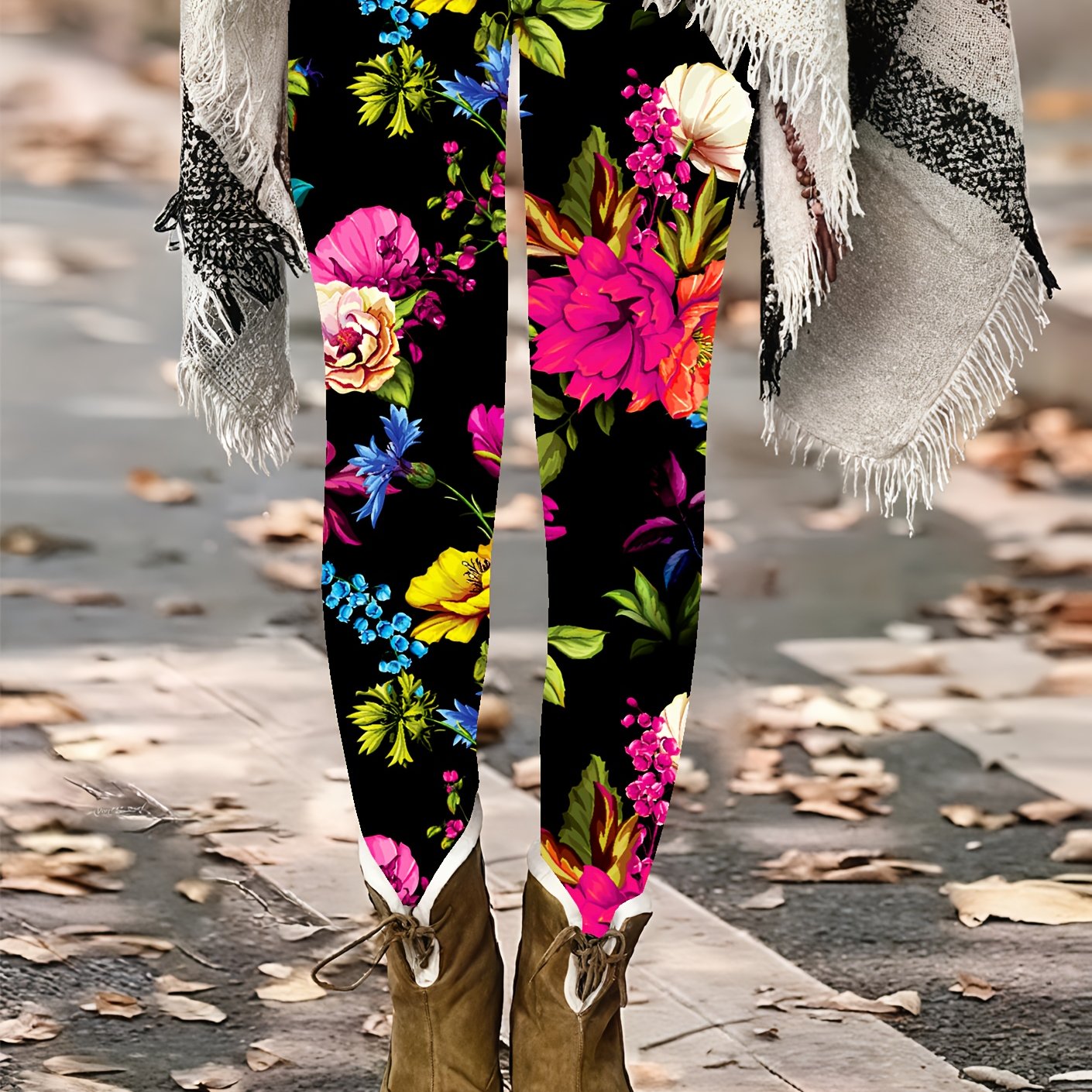 TEMU Plus Size - Plus Size - Plus Size Floral Print Skinny Pants, Casual Daily Stretch Pants, Women's Plus Size Clothing