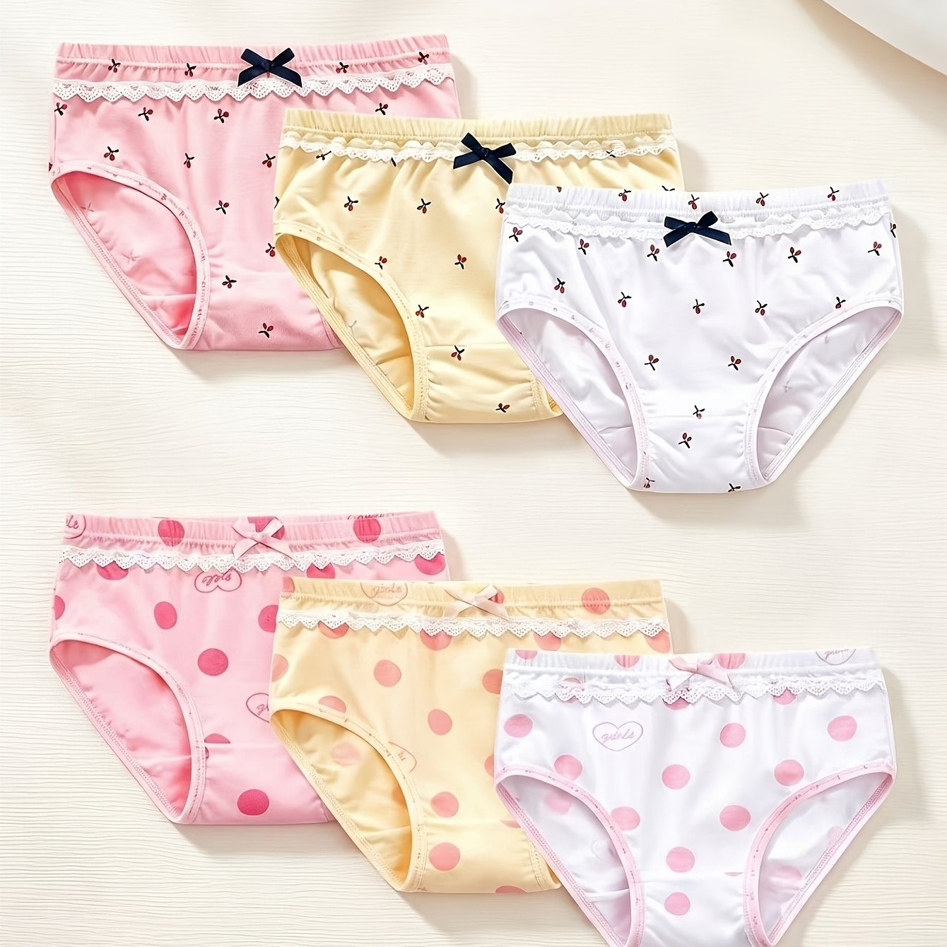 Image of 6pcs Set Baby Children Underwear, Breathable Girls Underpants, Polka Dot And Cherry Print, Girls' Underpants, Shorts, Soft, Mixed