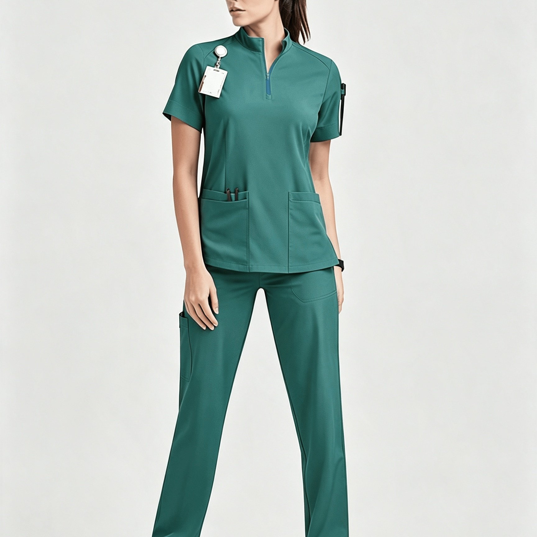 TEMU Ensemble 2 pièces Femme Robe d'hôpital Couleur Unie Manches Courtes Col Montant Multi-Poches, Vêtement de Travail Infirmière, Tenue Décontractée