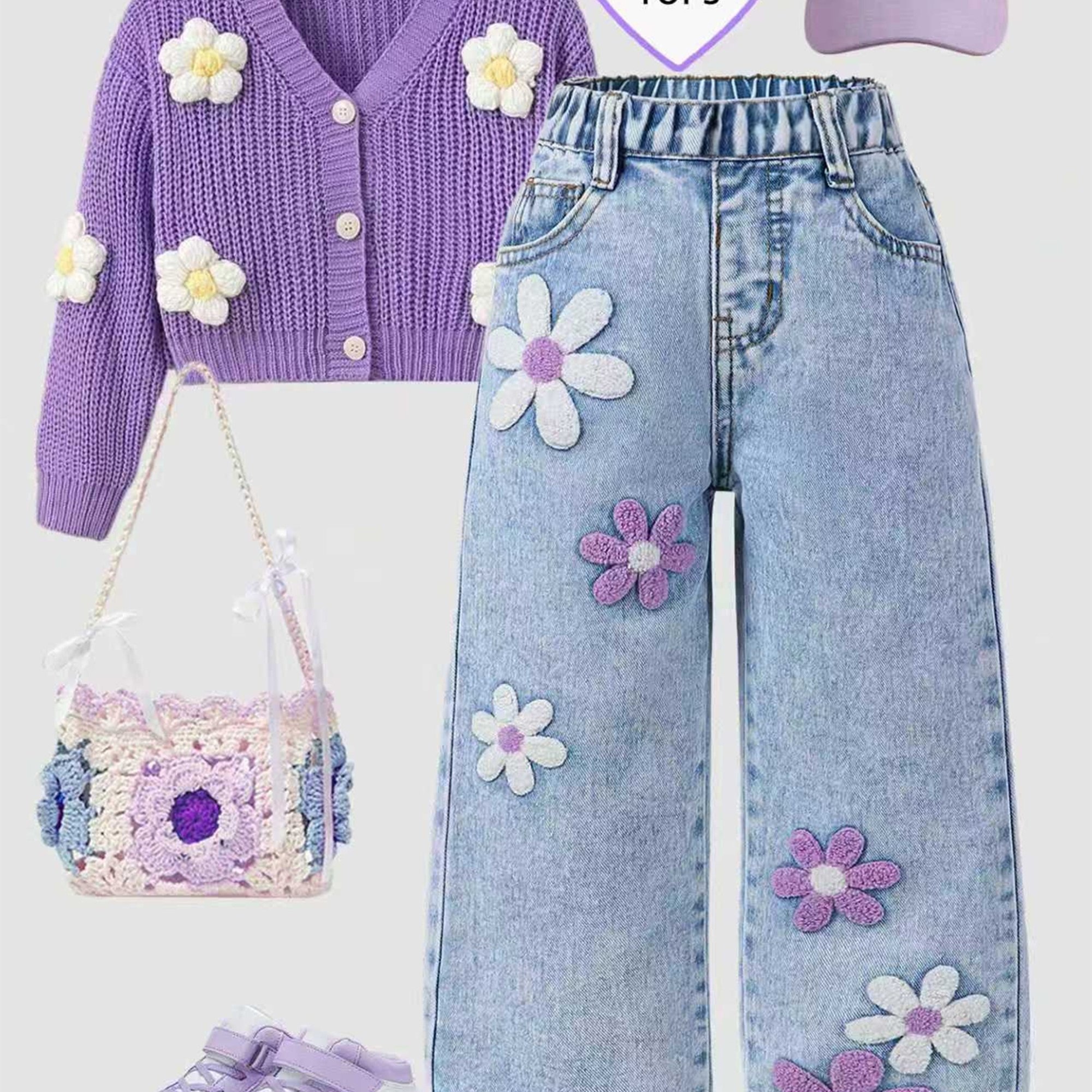 Image of Pair Of Jeans: Straight-leg Denim Pants For Girls, Featuring A Floral . Young Ladies' Jeans Have A With An Elastic Waistband For Stretch . The Loose-fitting Cut Ensures A Relaxed