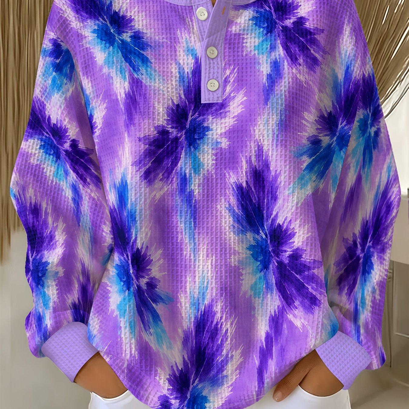 TEMU Plus Size Waffle Sweatshirt, Blue-purple Radial Watercolor Wash, Fashionable 3-button Round Neck Long Sleeve Sweater