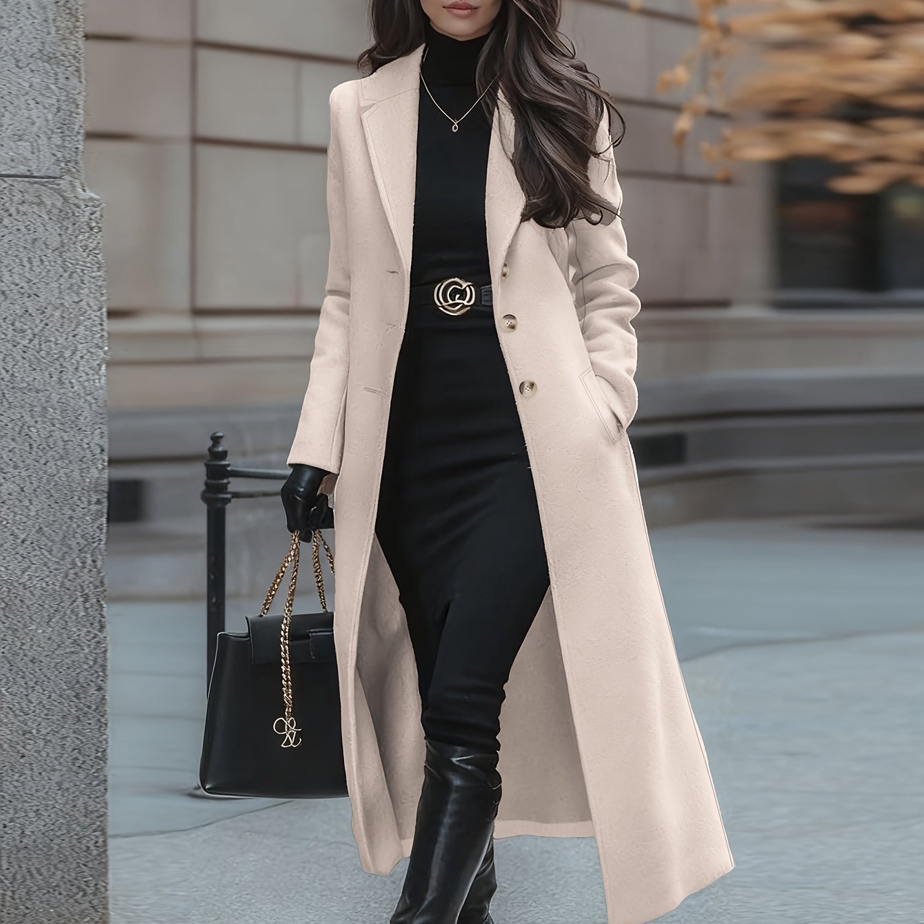 E-shop Damenmode Eleganter Tweed-Mantel – Schmal geschnittener professioneller Mittellanger H-Linien-Wintermantel mit Knopfverschluss ,