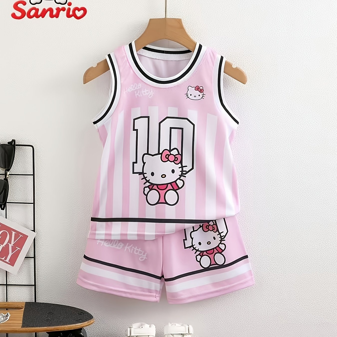 Image of Girls' Summer Sports Top And Bottom 2pcs Set, Size 10 With Kt Cat Print, Pink And Black Trim, Soft And Breathable Fabric, Suitable For Casual Wear, For Outdoor